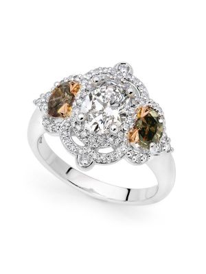  Vintage Inspired Champagne Oval Trilogy Halo Ring in Platinum