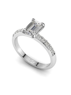  Four Claw Emerald Diamond Ring with Pavé Set Band
