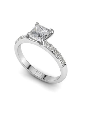  Four Claw Princess Diamond Ring with Pavé Set Band