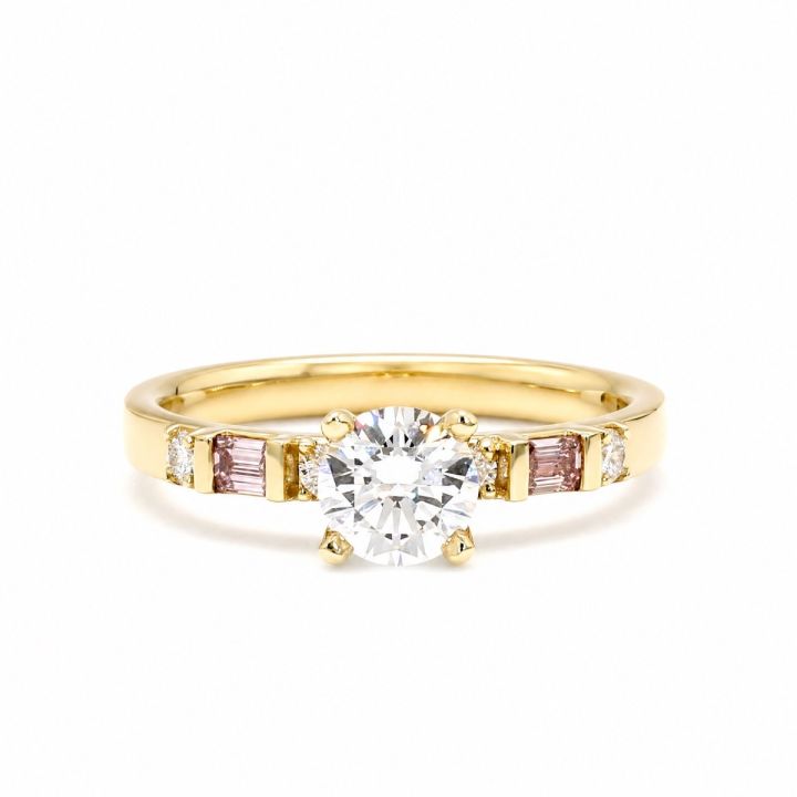 Round Diamond Ring with Pink Emerald Cut Accents