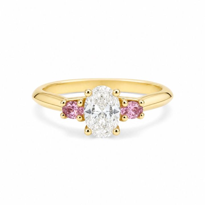 Oval Diamond Ring with Pink Oval Side Stones