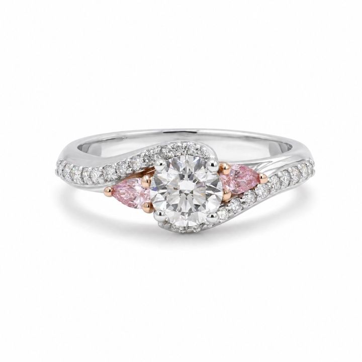 Round Diamond Ring with Pink Oval Accents