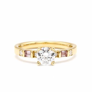Round Diamond Ring with Pink Emerald Cut Accents