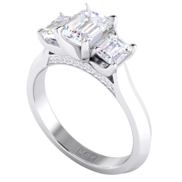 Strong Emerald Cut Trilogy Diamond Engagement Ring
