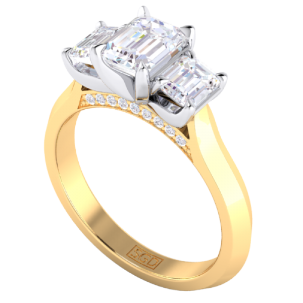 Strong Emerald Cut Trilogy Diamond Engagement Ring
