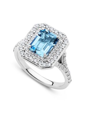  Aquamarine Double Halo Diamond Ring