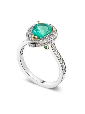  Green Emerald and Diamond Pear Shaped Halo Ring
