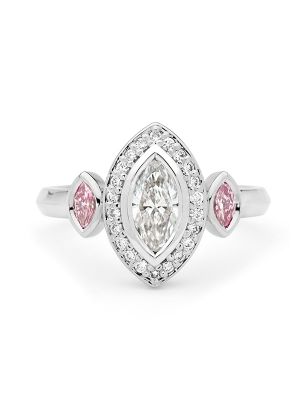  Three Stone Marquise and Halo Argyle Pink Diamond Ring