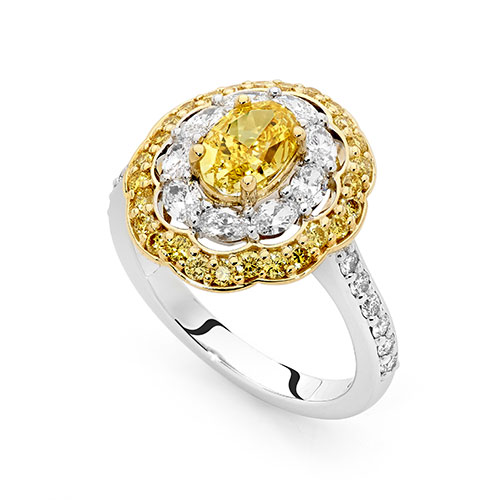 Rare Oval Cut Vivid Yellow Diamond Double Halo Ring